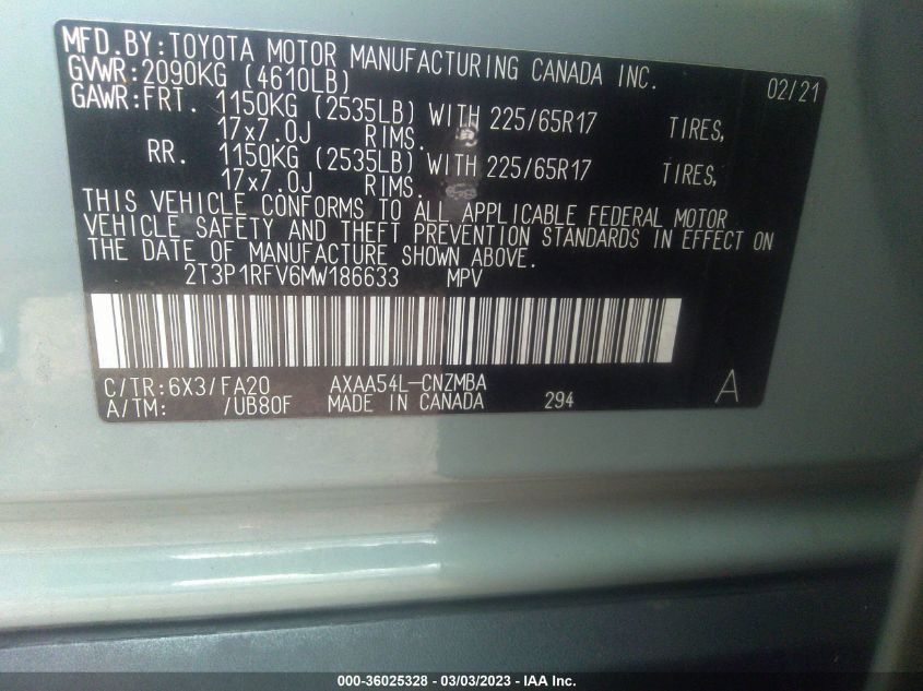 2021 TOYOTA RAV4 XLE - 2T3P1RFV6MW186633