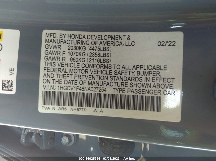 VIN 1HGCV1F48NA027254 2022 HONDA ACCORD SEDAN SPORT SE