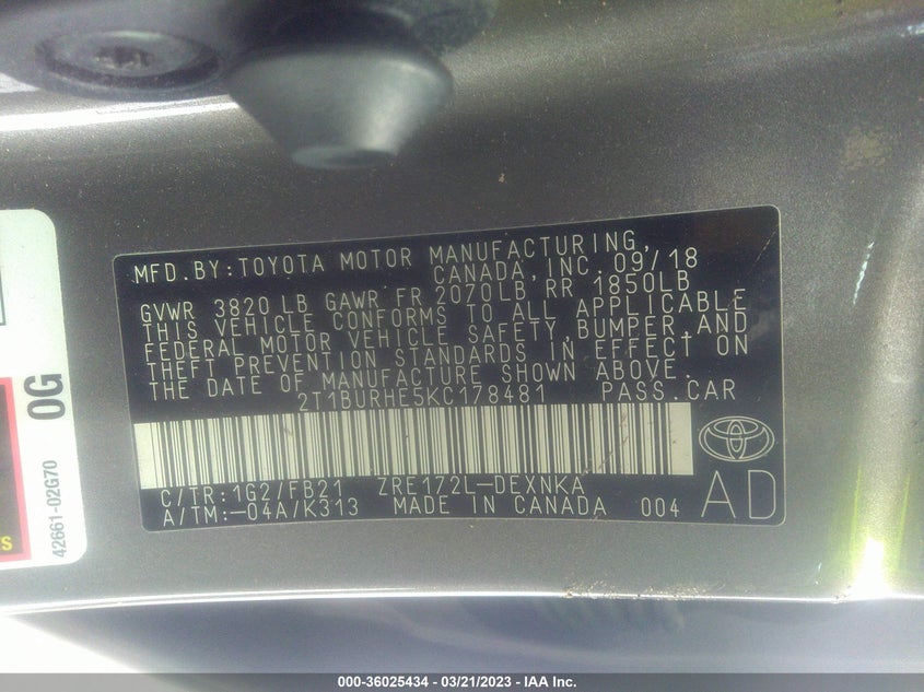 VIN 2T1BURHE5KC178481 2019 TOYOTA COROLLA L/LE/SE/XLE/XSE