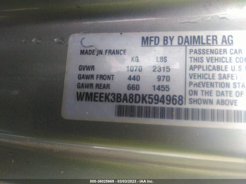 2013 SMART FORTWO PASSION WMEEK3BA8DK594968