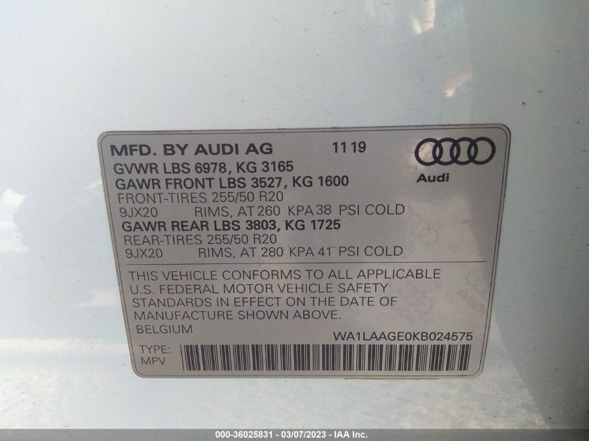 2019 AUDI E-TRON PREMIUM PLUS WA1LAAGE0KB024575