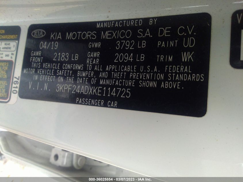 2019 KIA FORTE LXS - 3KPF24ADXKE114725