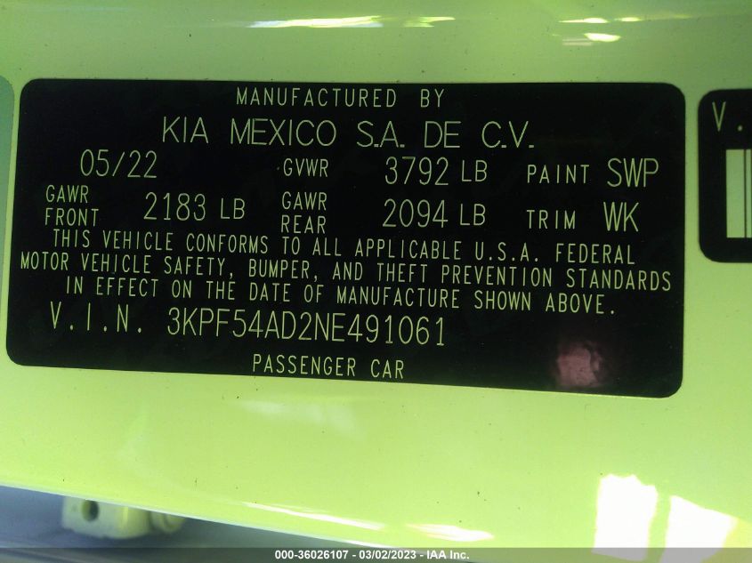 2022 KIA FORTE GT-LINE - 3KPF54AD2NE491061