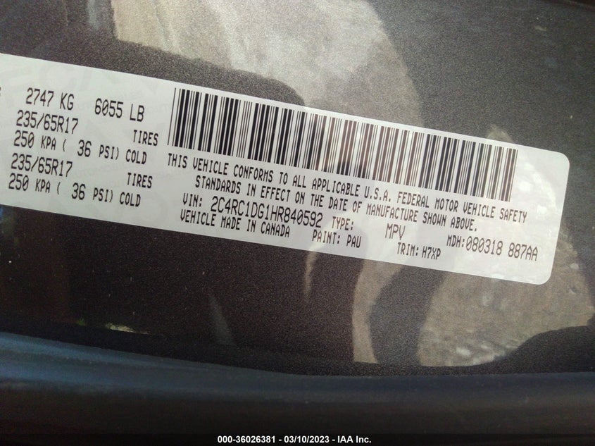 VIN 2C4RC1DG1HR840592 2017 CHRYSLER PACIFICA TOURING