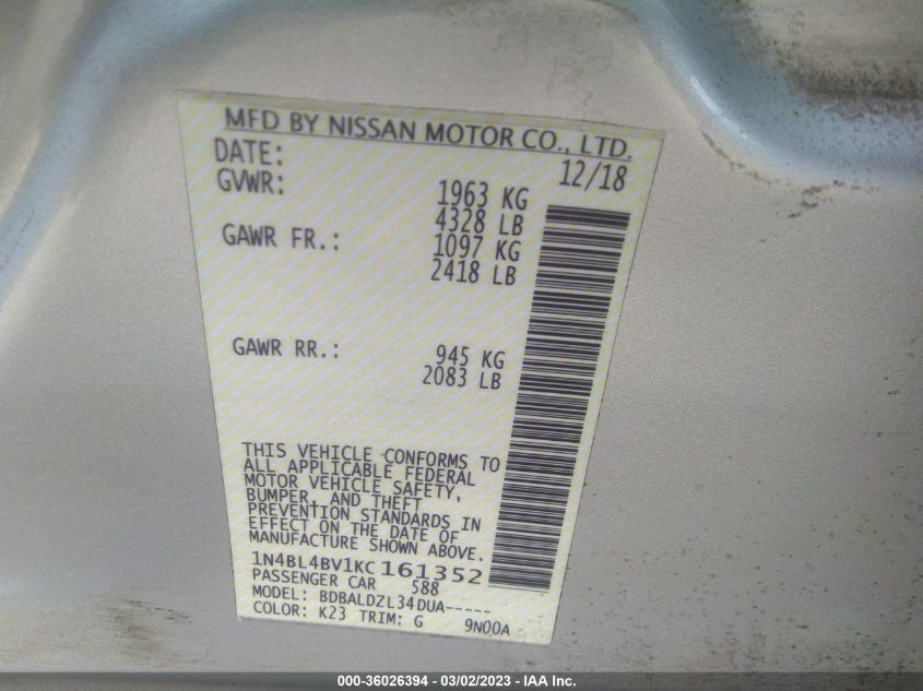 2019 NISSAN ALTIMA 2.5 S - 1N4BL4BV1KC161352