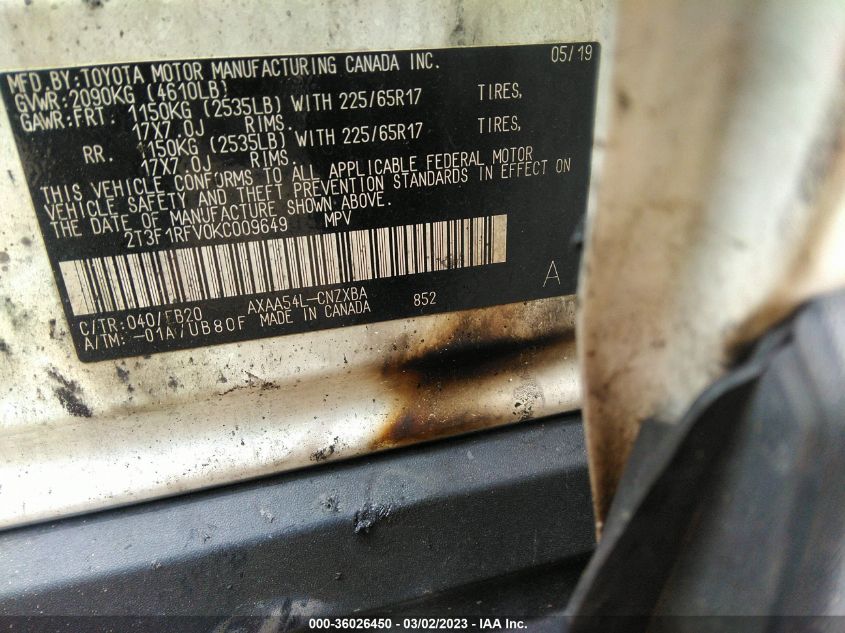 2019 TOYOTA RAV4 LE - 2T3F1RFV0KC009649