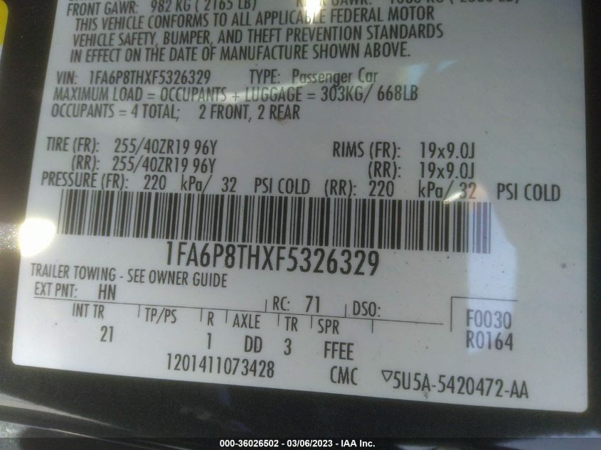 2015 FORD MUSTANG ECOBOOST - 1FA6P8THXF5326329
