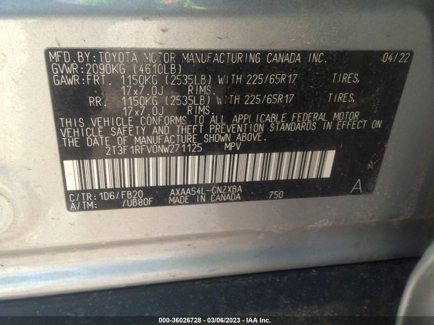 2022 TOYOTA RAV4 LE - 2T3F1RFV0NW271125