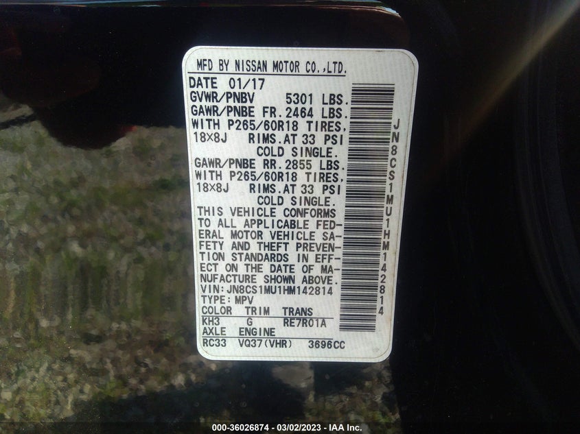 VIN JN8CS1MU1HM142814 2017 INFINITI QX70