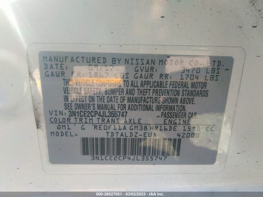 VIN 3N1CE2CP4JL355747 2018 NISSAN VERSA NOTE SV