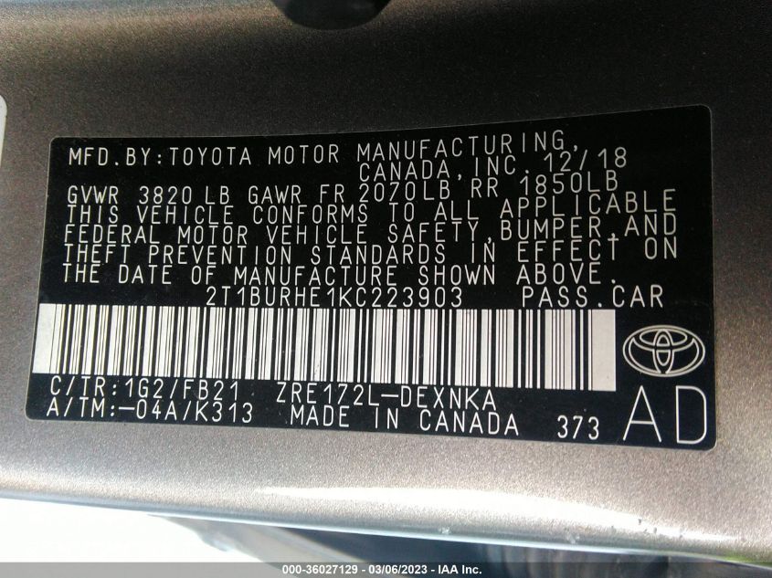 2019 TOYOTA COROLLA L/LE/SE/XLE/XSE - 2T1BURHE1KC223903