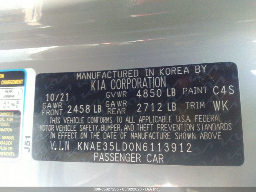 2022 KIA STINGER GT-LINE KNAE35LD0N6113912