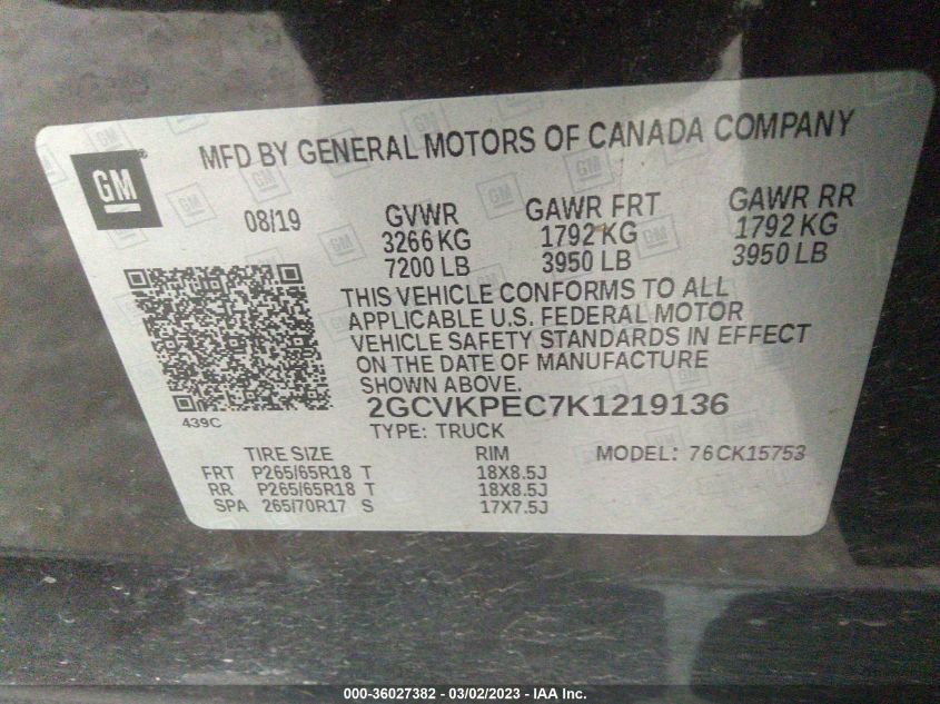2019 CHEVROLET SILVERADO 1500 LD LT 2GCVKPEC7K1219136