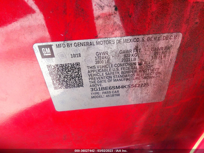 VIN 3G1BE6SM4KS543725 2019 CHEVROLET CRUZE LT