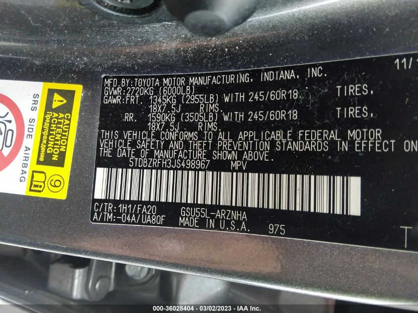 2018 TOYOTA HIGHLANDER LE - 5TDBZRFH3JS498967