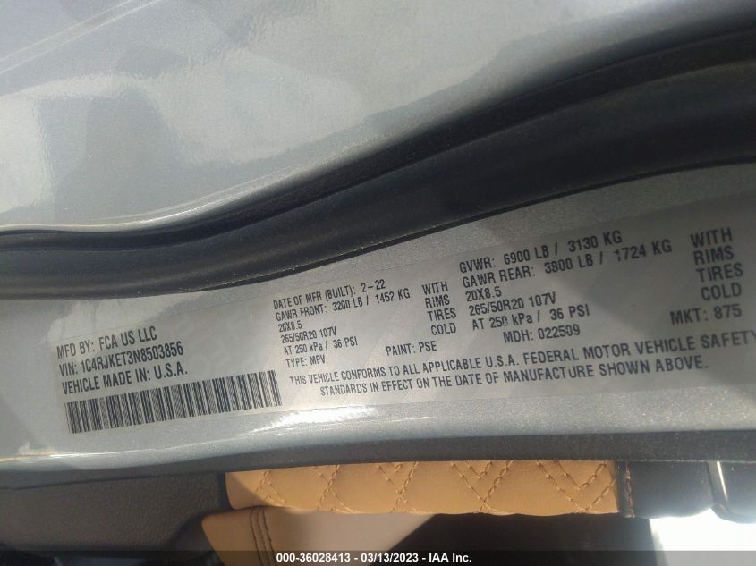 2022 JEEP GRAND CHEROKEE L SUMMIT 1C4RJKET3N8503856