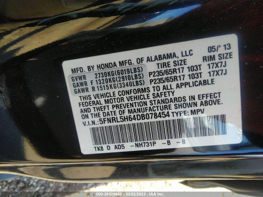 2013 HONDA ODYSSEY EX-L - 5FNRL5H64DB078454