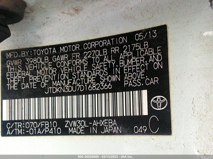 2013 TOYOTA PRIUS ONE/TWO/THREE/FOUR/FIVE - JTDKN3DU7D1682366