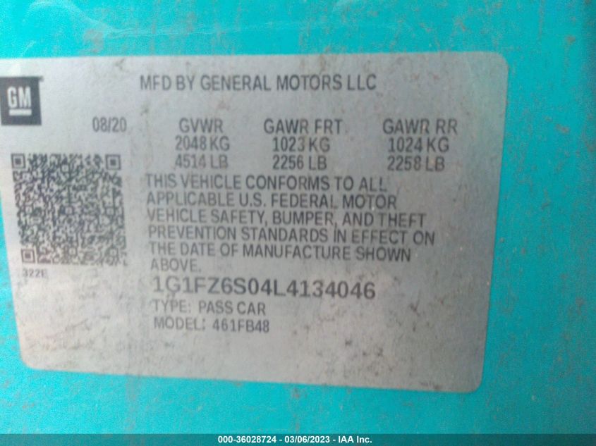 2020 CHEVROLET BOLT EV PREMIER 1G1FZ6S04L4134046