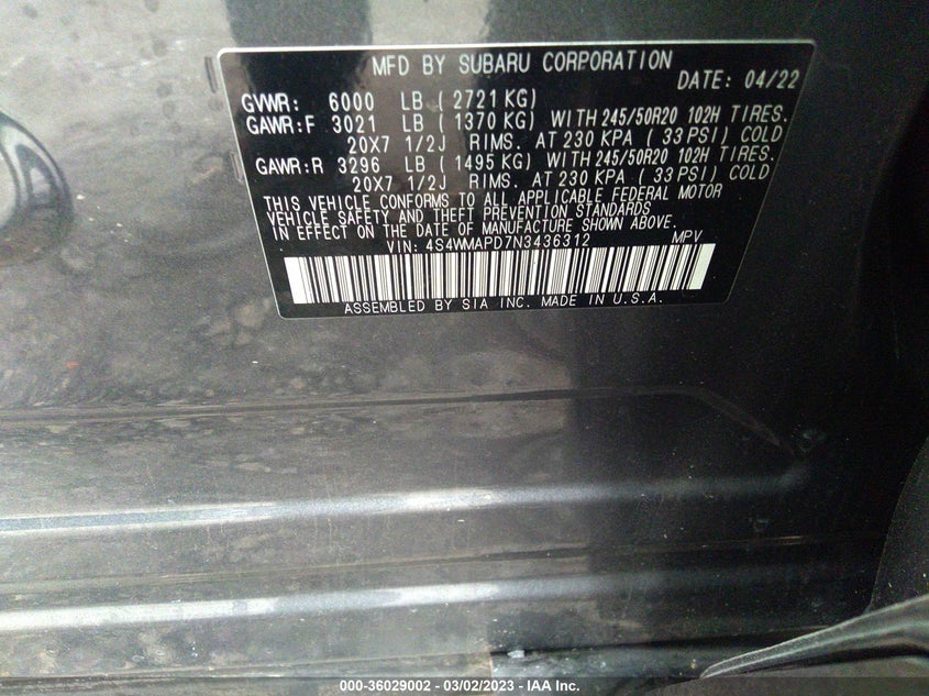 VIN 4S4WMAPD7N3436312 2022 SUBARU ASCENT LIMITED