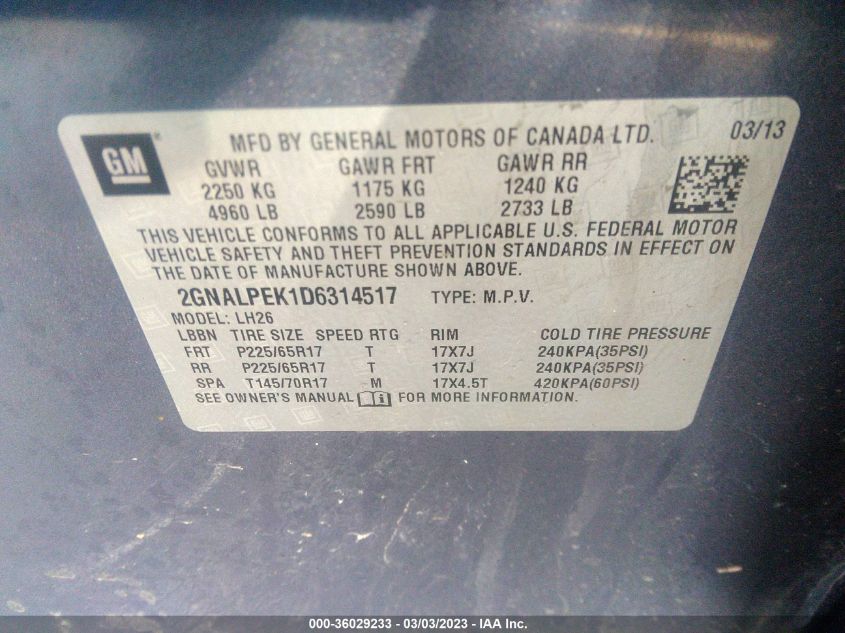 2013 CHEVROLET EQUINOX LT - 2GNALPEK1D6314517