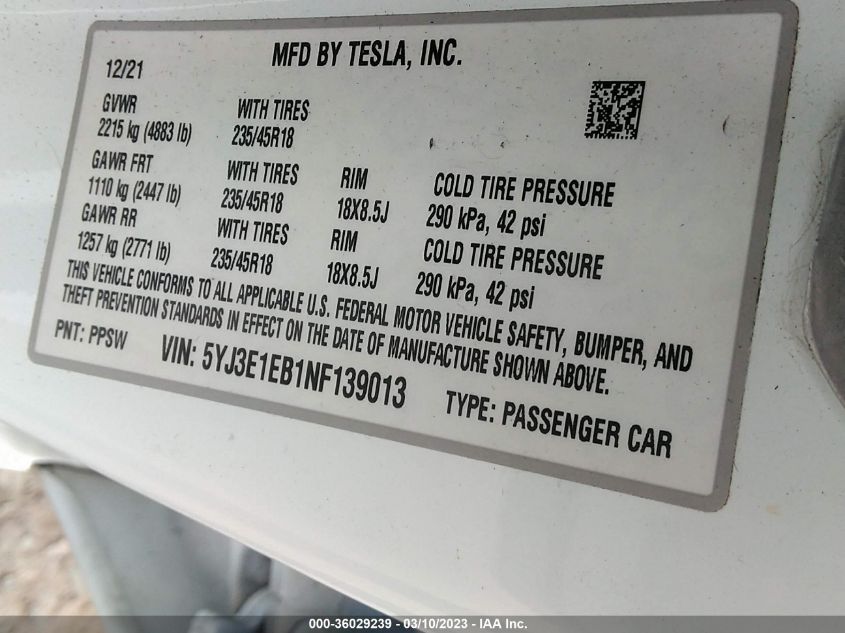 5YJ3E1EB1NF139013 Tesla Model 3 LONG RANGE 9