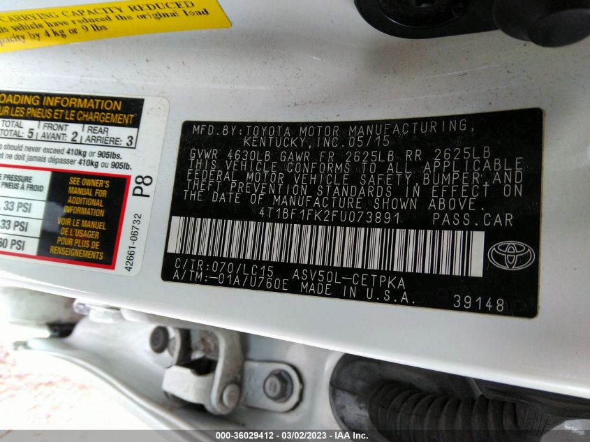 2015 TOYOTA CAMRY XLE/SE/LE/XSE - 4T1BF1FK2FU073891