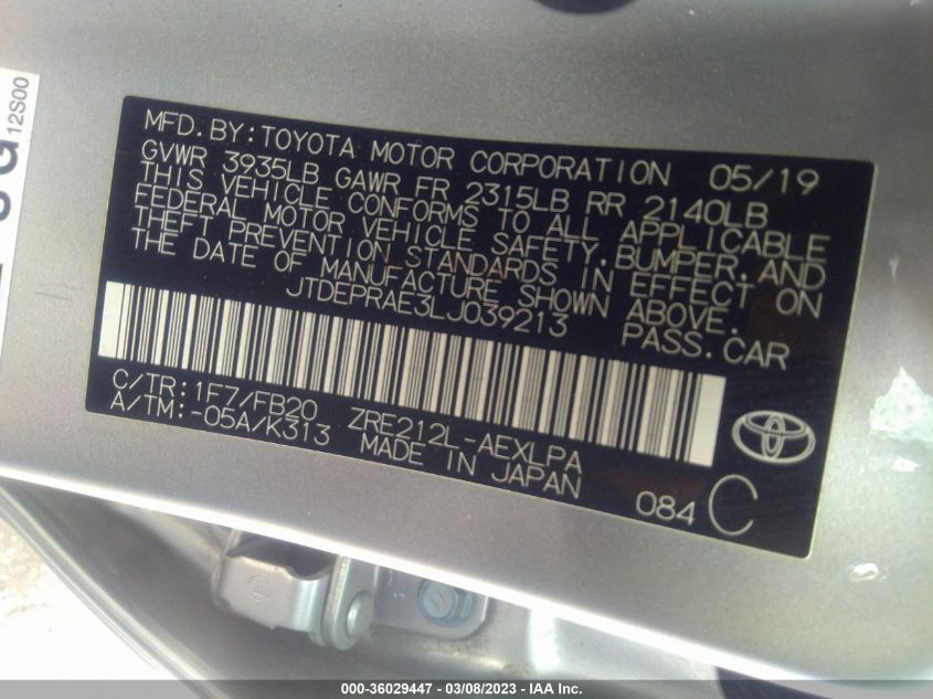2020 TOYOTA COROLLA LE - JTDEPRAE3LJ039213