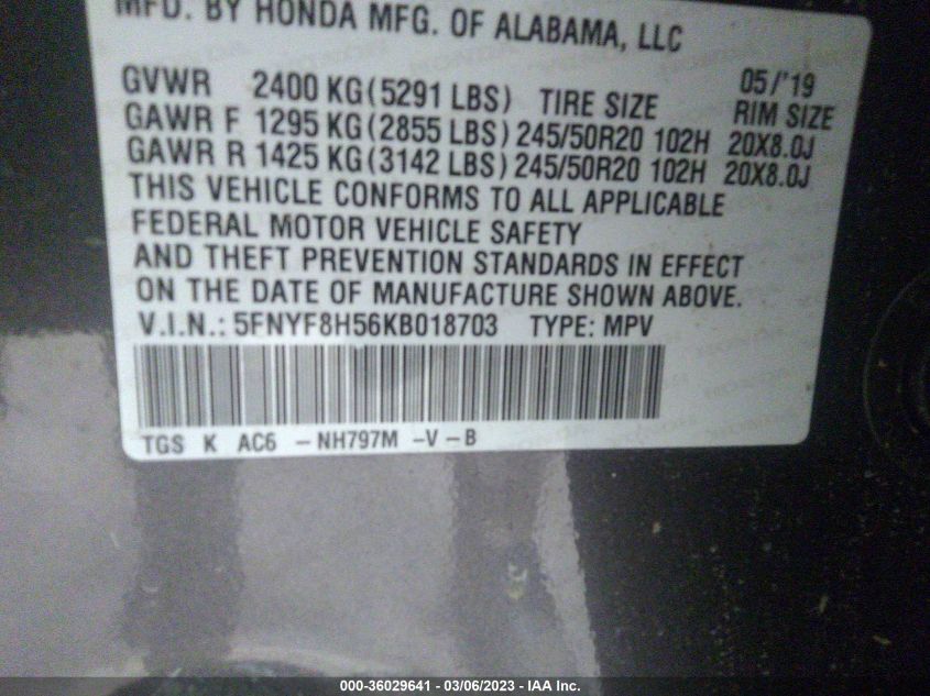 2019 HONDA PASSPORT EX-L 5FNYF8H56KB018703