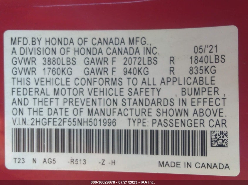 VIN 2HGFE2F55NH501996 2022 HONDA CIVIC SEDAN SPORT