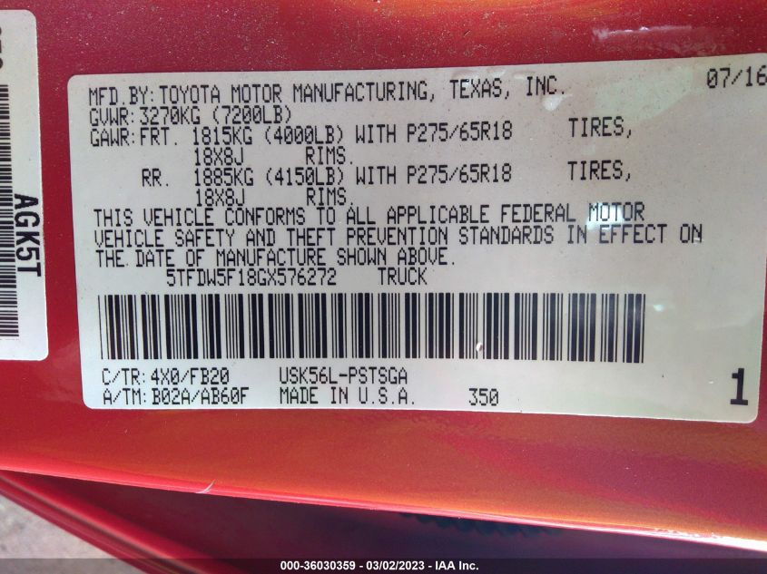 2016 TOYOTA TUNDRA 4WD TRUCK SR5/TRD PRO - 5TFDW5F18GX576272