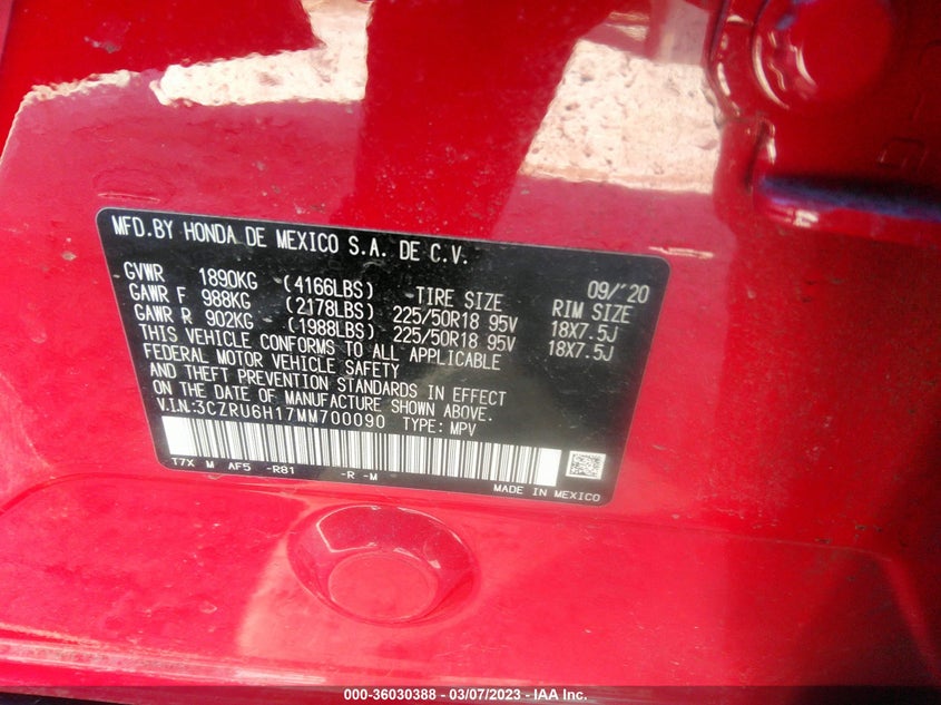 VIN 3CZRU6H17MM700090 2021 HONDA HR-V SPORT