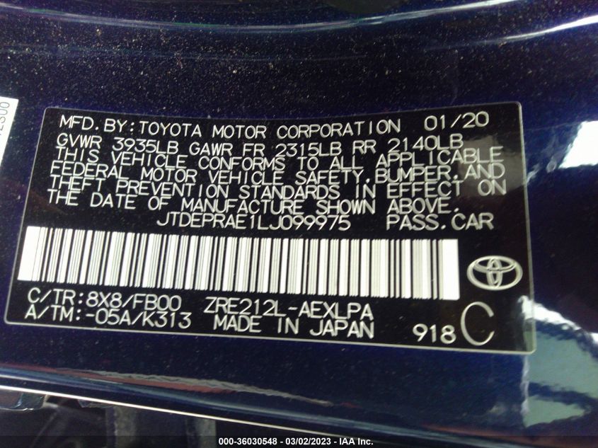 2020 TOYOTA COROLLA LE - JTDEPRAE1LJ099975