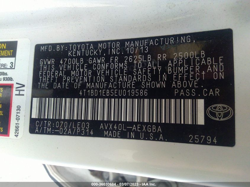 2014 TOYOTA AVALON HYBRID LIMITED/XLE TOURING 4T1BD1EB5EU019586