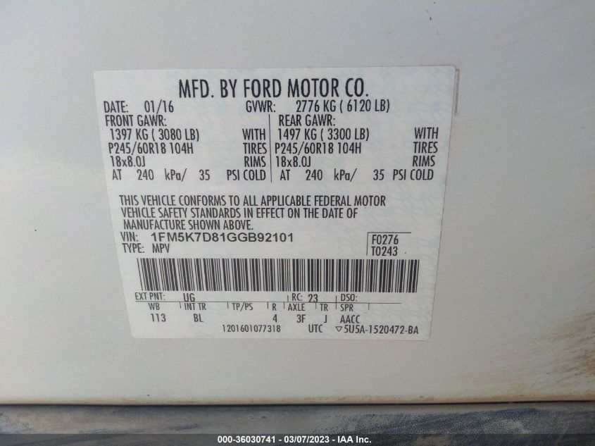 2016 FORD EXPLORER XLT - 1FM5K7D81GGB92101