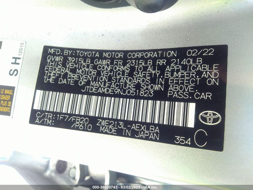 2022 TOYOTA COROLLA HYBRID LE - JTDEAMDE9NJ051823