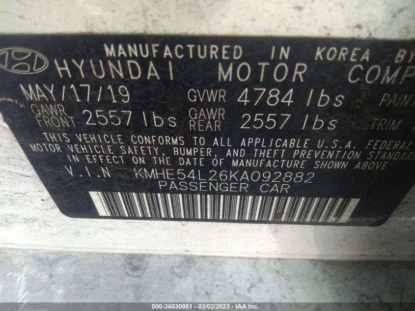 2019 HYUNDAI SONATA PLUG-IN HYBRID LIMITED KMHE54L26KA092882