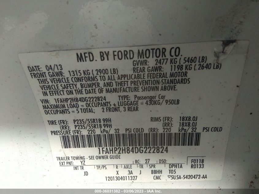 2013 FORD TAURUS SEL - 1FAHP2H84DG222824