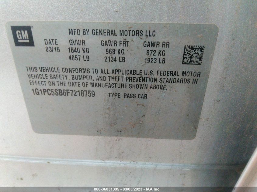 2015 CHEVROLET CRUZE LT - 1G1PC5SB6F7218759