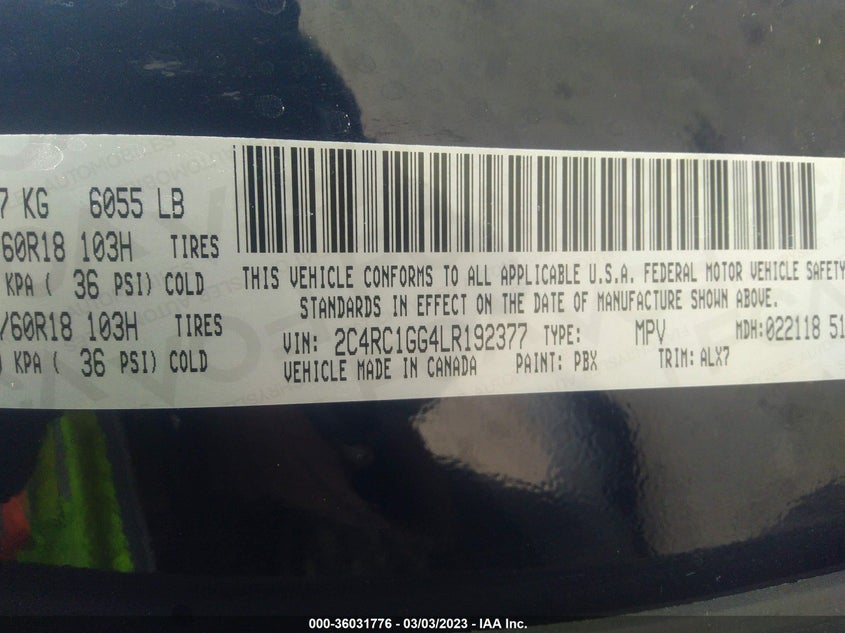 VIN 2C4RC1GG4LR192377 2020 CHRYSLER PACIFICA LIMITED