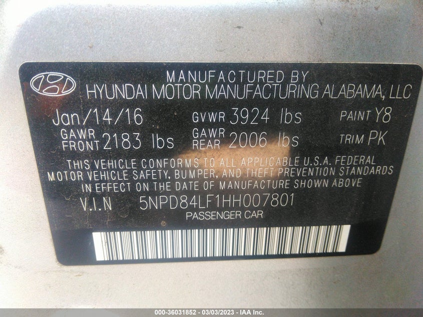 VIN 5NPD84LF1HH007801 2017 HYUNDAI ELANTRA SE
