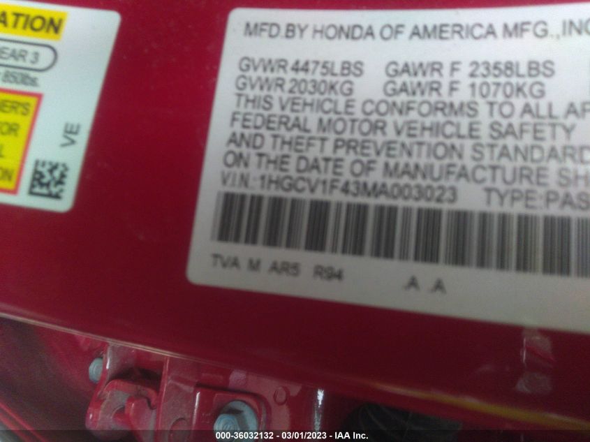 2021 HONDA ACCORD SEDAN SPORT SE - 1HGCV1F43MA003023