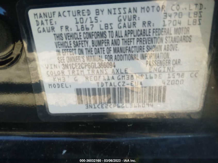 2016 NISSAN VERSA NOTE S PLUS - 3N1CE2CP6GL366094