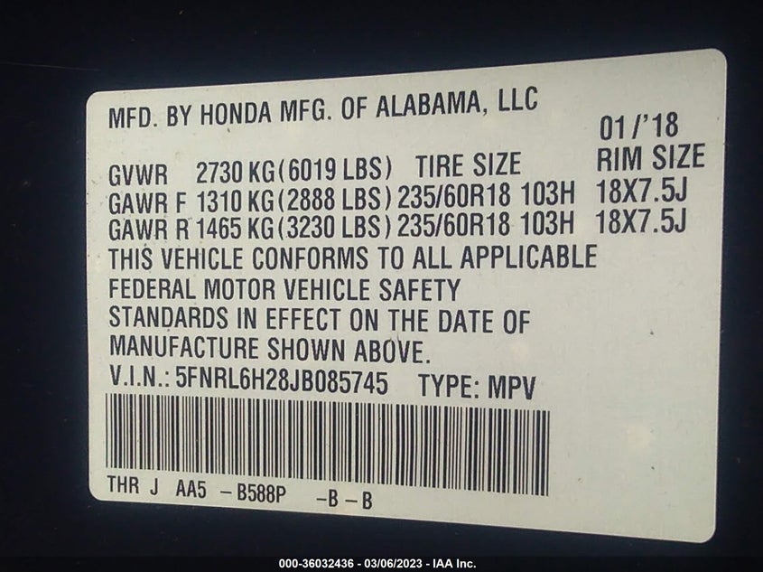 VIN 5FNRL6H28JB085745 2018 HONDA ODYSSEY LX