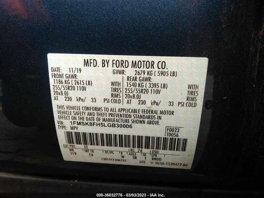 2020 FORD EXPLORER LIMITED - 1FMSK8FH5LGB30006