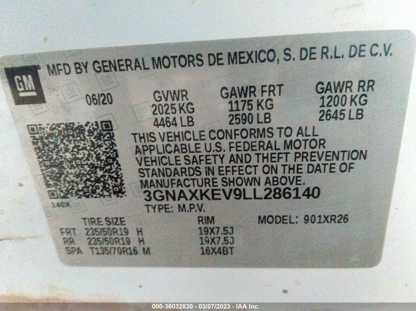 VIN 3GNAXKEV9LL286140 2020 CHEVROLET EQUINOX LT