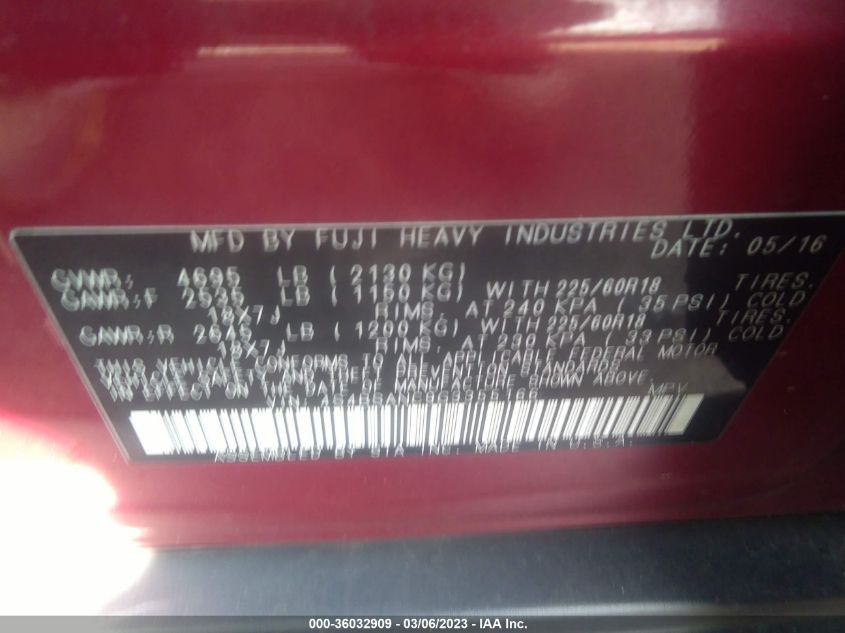 2016 SUBARU OUTBACK 2.5I LIMITED - 4S4BSANC9G3355166