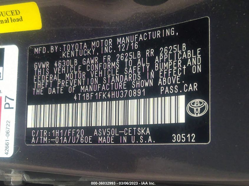 2017 TOYOTA CAMRY XLE/SE/LE/XSE - 4T1BF1FK4HU370891