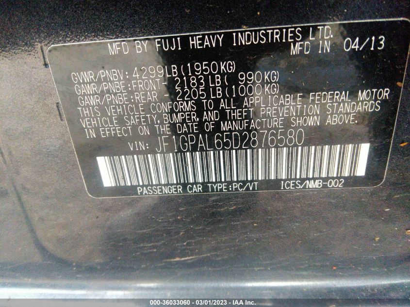 2013 SUBARU IMPREZA WAGON 2.0I SPORT PREMIUM - JF1GPAL65D2876580