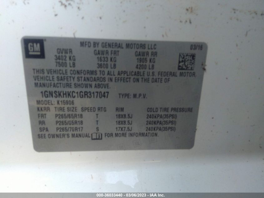 2016 CHEVROLET SUBURBAN LT 1GNSKHKC1GR317047